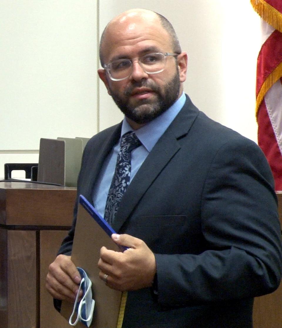 Terry Kuo's attorney Joshua Nahum delivers his opening statement at the start of Kuo's retrial before Superior Court Judge Jill O'Malley at the Monmouth County Courthouse in Freehold Thursday, September 21, 2023. He is a former youth tennis instructor charged with child pornography and sexually assaulting an underaged student.