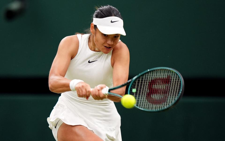 Emma Raducanu in action against Maria Sakkari on day five of the 2024 Wimbledon Championships at the All England Lawn Tennis and Croquet Club, London