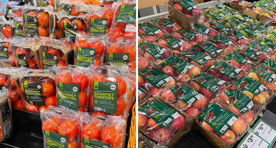 Woolworths fruit and vegetables packaged in plastic