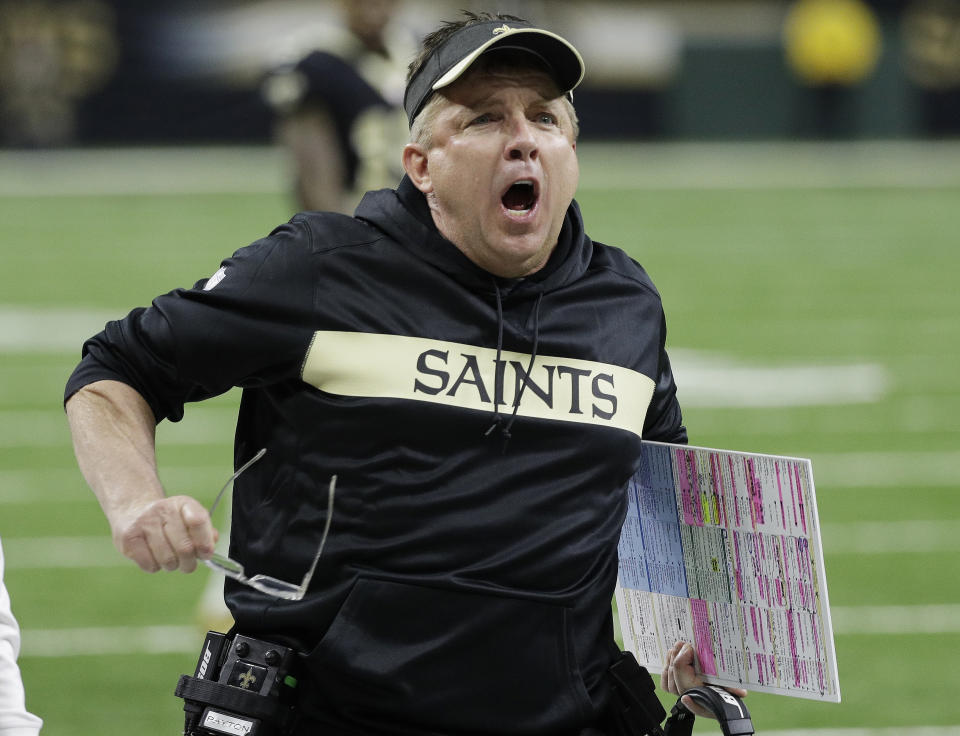 FILE - New Orleans Saints head coach Sean Payton reacts to a call during the second half of the NFL football NFC championship game against the Los Angeles Rams, Sunday, Jan. 20, 2019, in New Orleans. Rams cornerback Nickell Robey-Coleman could have been cited for pass interference and helmet-to-helmet contact for flattening Saints receiver Tommylee Lewis inside the 10-yard line with 1:45 left in the fourth quarter of a game that was tied. Two officials were right nearby; neither tossed a flag. The Rams won 26-23. (AP Photo/David J. Phillip, File)