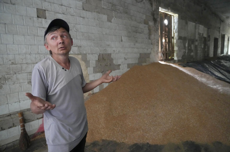 Farmer Serhiy gestures standing near a mound of grain in his barn in the village of Ptyche in eastern Donetsk region, Ukraine, Sunday, June 12, 2022. An estimated 22 million tons of grain are blocked in Ukraine, and pressure is growing as the new harvest begins. The country usually delivers about 30% of its grain to Europe, 30% to North Africa and 40% to Asia. But with the ongoing Russian naval blockade of Ukrainian Black Sea ports, millions of tons of last year’s harvest still can’t reach their destinations. (AP Photo/Efrem Lukatsky, File)