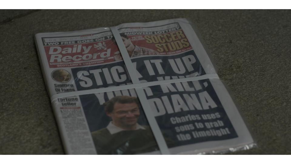 Prince Charles also appears to make the front page of The Daily Record in the drama's version of events.