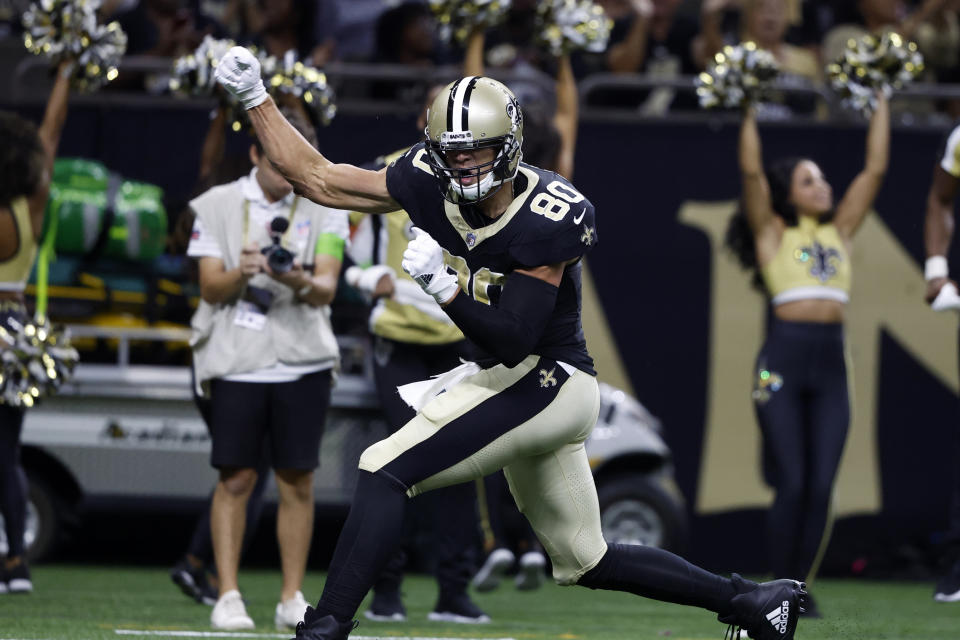 New Orleans Saints tight end Jimmy Graham (80) celebrates after catching a pass in the first half of a preseason NFL football game against the Houston Texans, Sunday, Aug. 27, 2023, in New Orleans. (AP Photo/Butch Dill)