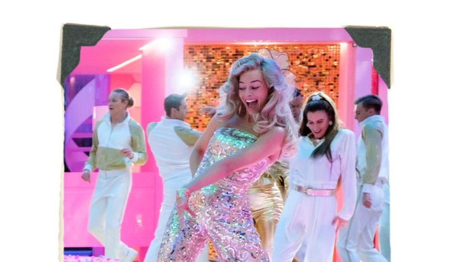 margot robbie as barbie in sequined jumpsuit