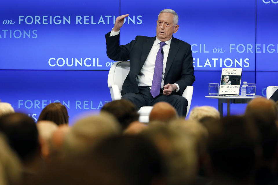 Former U.S. Secretary of Defense Jim Mattis speaks at the Council on Foreign Relations, in New York, Tuesday, Sept. 3, 2019. (AP Photo/Richard Drew)