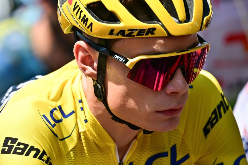 JumboVismas Danish rider Jonas Vingegaard wearing the overall leaders yellow jersey cycles during the 9th stage of the 110th edition of the Tour de France cycling race 1825 km between SaintLeonarddeNoblat and Puy de Dome in central France on July 9 2023 Photo by Marco BERTORELLO  AFP Photo by MARCO BERTORELLOAFP via Getty Images