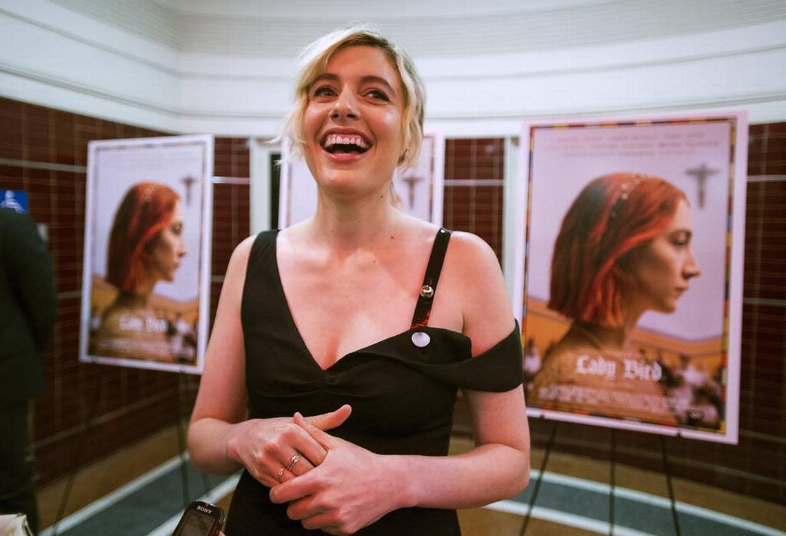 Sacramento film actress and director Greta Gerwig is interviewed by the media as she walks down the red carpet for the premiere of her film “Lady Bird” at the Tower Theatre in 2017.