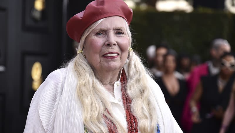 Joni Mitchell arrives at the 64th Annual Grammy Awards at the MGM Grand Garden Arena on Sunday, April 3, 2022, in Las Vegas. This year, Mitchell performed “Both Sides Now” at the ceremony and won her 10th Grammy for best folk album.
