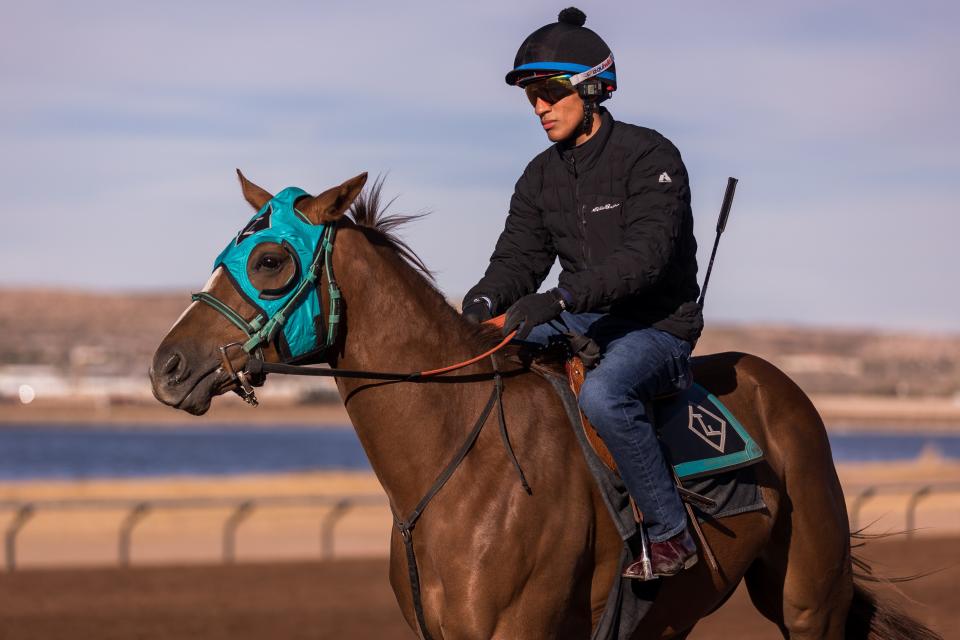El Paso jockey Luis Fuentes trains for the works horses in preparation for Sunland Derby day at the Sunland Park Racetrack on Tuesday, March 21, 2023.
