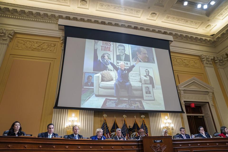 Roger Stone is displayed on a monitor during a hearing of the House Select Committee