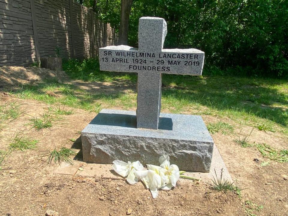 Sister Wilhelmina Lancaster’s headstone on the grounds of the Benedictine Sisters of Mary, Queen of Apostles monastery in Gower, Missouri.