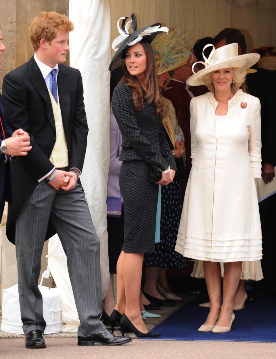 <p>Prince Harry, Kate Middleton, and Camilla Parker Bowles at St. George's Chapel in Windsor on June 16, 2008. </p>