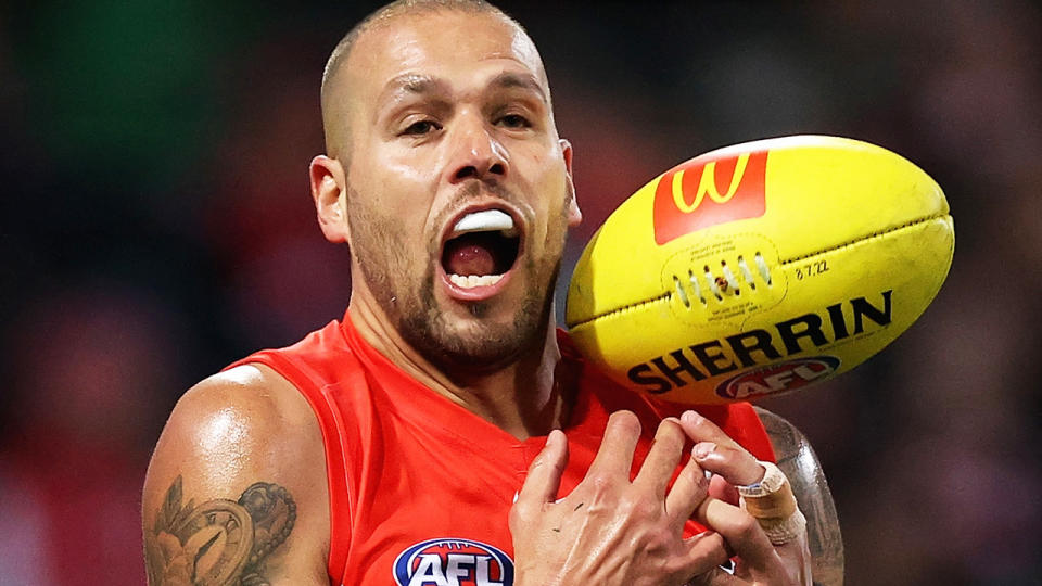 Buddy Franklin is pictured marking the ball against the Western Bulldogs.