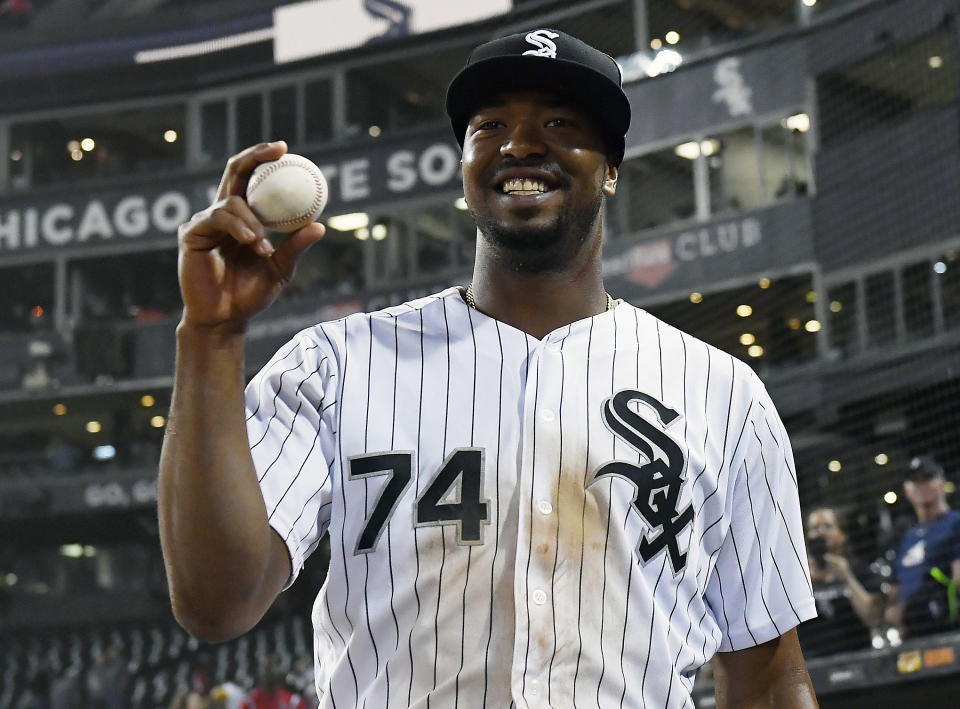 CHICAGO, IL - JUNE 11: Chicago White Sox left fielder Eloy Jimenez (74) poses after the game his first home run ball hit during the fourth inning of the game against the Washington Nationals on June 11, 2019 at Guaranteed Rate Field in Chicago, Illinois. (Photo by Quinn Harris/Icon Sportswire via Getty Images)