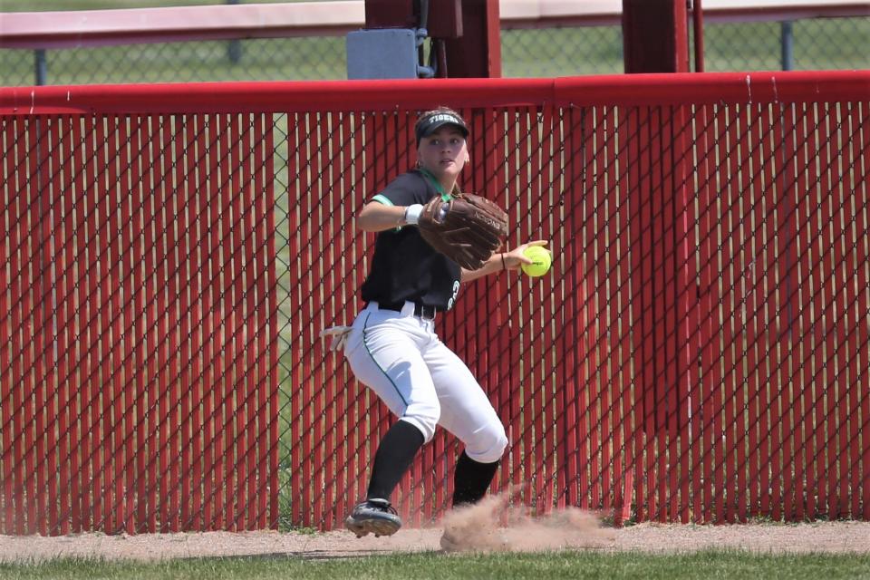 Yorktown softball's Lizzy Willis in the team's semistate game against Leo at Twin Lakes High School on Saturday, June 3, 2023.