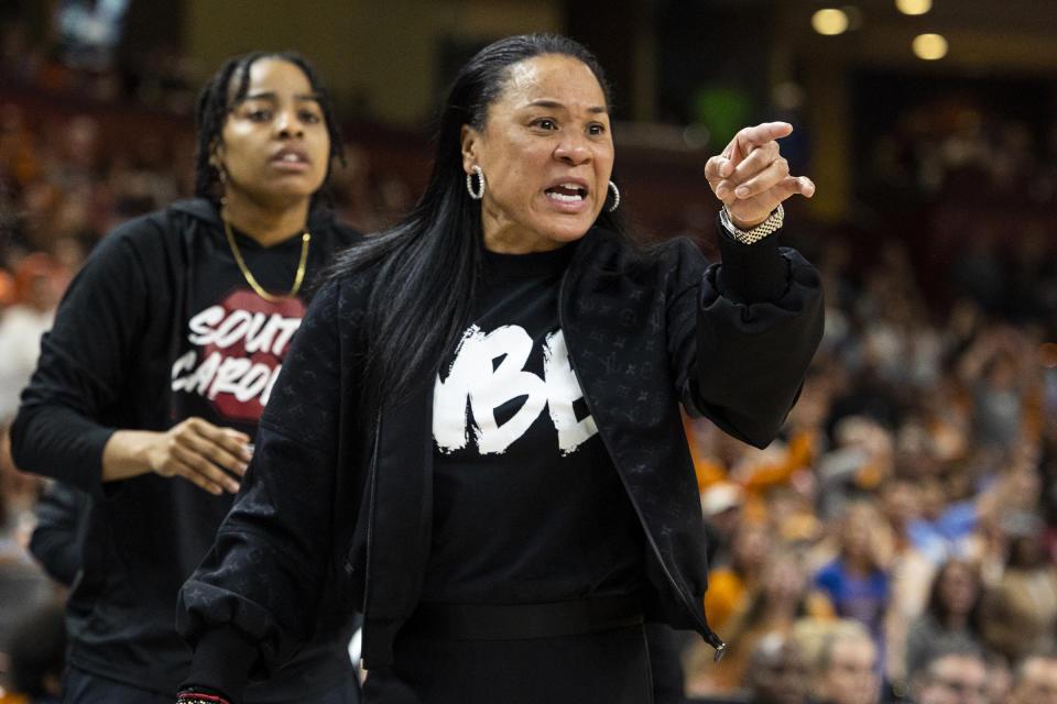 South Carolina's coach Dawn Staley argues a call during their game against Tennessee in the second half of the championship game of the Southeastern Conference women's tournament in Greenville, S.C., Sunday, March 5, 2023. (AP Photo/Mic Smith)