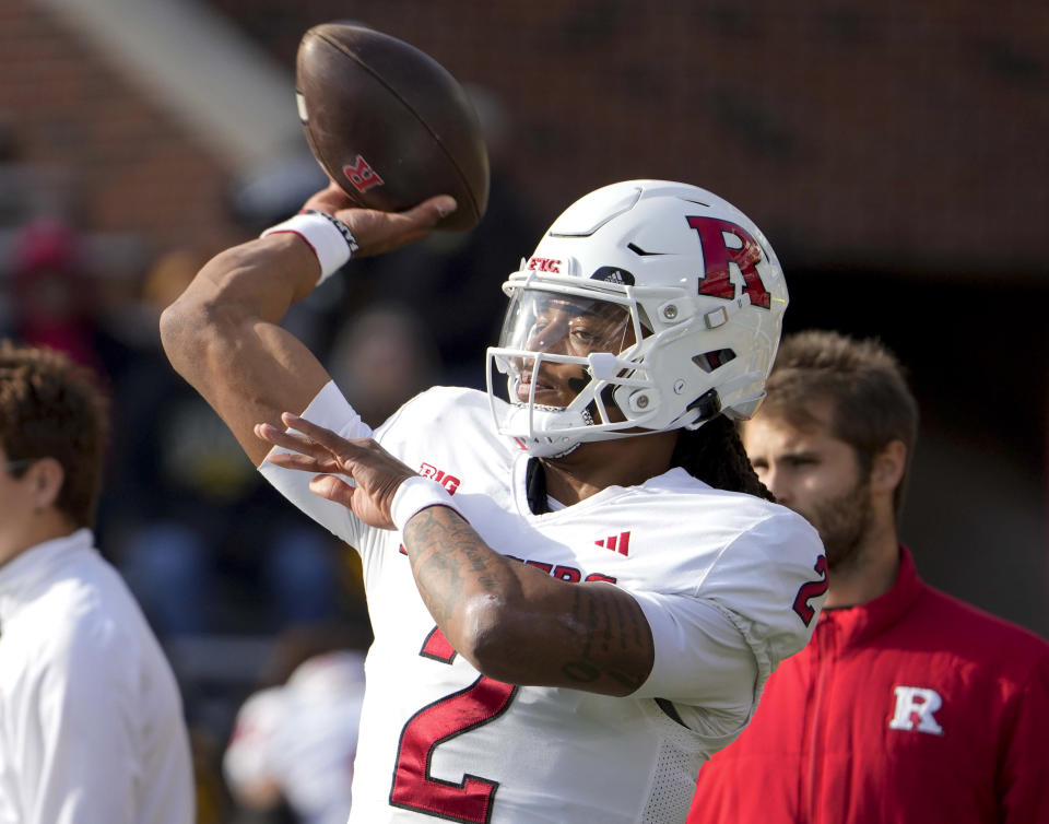 Rutgers quarterback Gavin Wimsatt warms up prior to an NCAA college football game against Iowa, Saturday, Nov. 11, 2023, in Iowa City, Iowa. (AP Photo/Bryon Houlgrave)