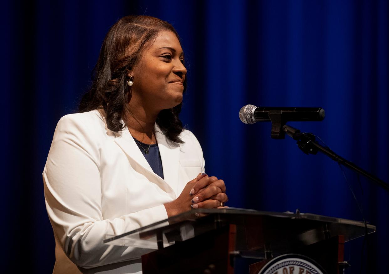 Mayor of Evansville Stephanie Terry pauses for a moment of applause while giving her inaugural address after taking the oath of office at Bosse High School Monday, Jan. 1, 2024.