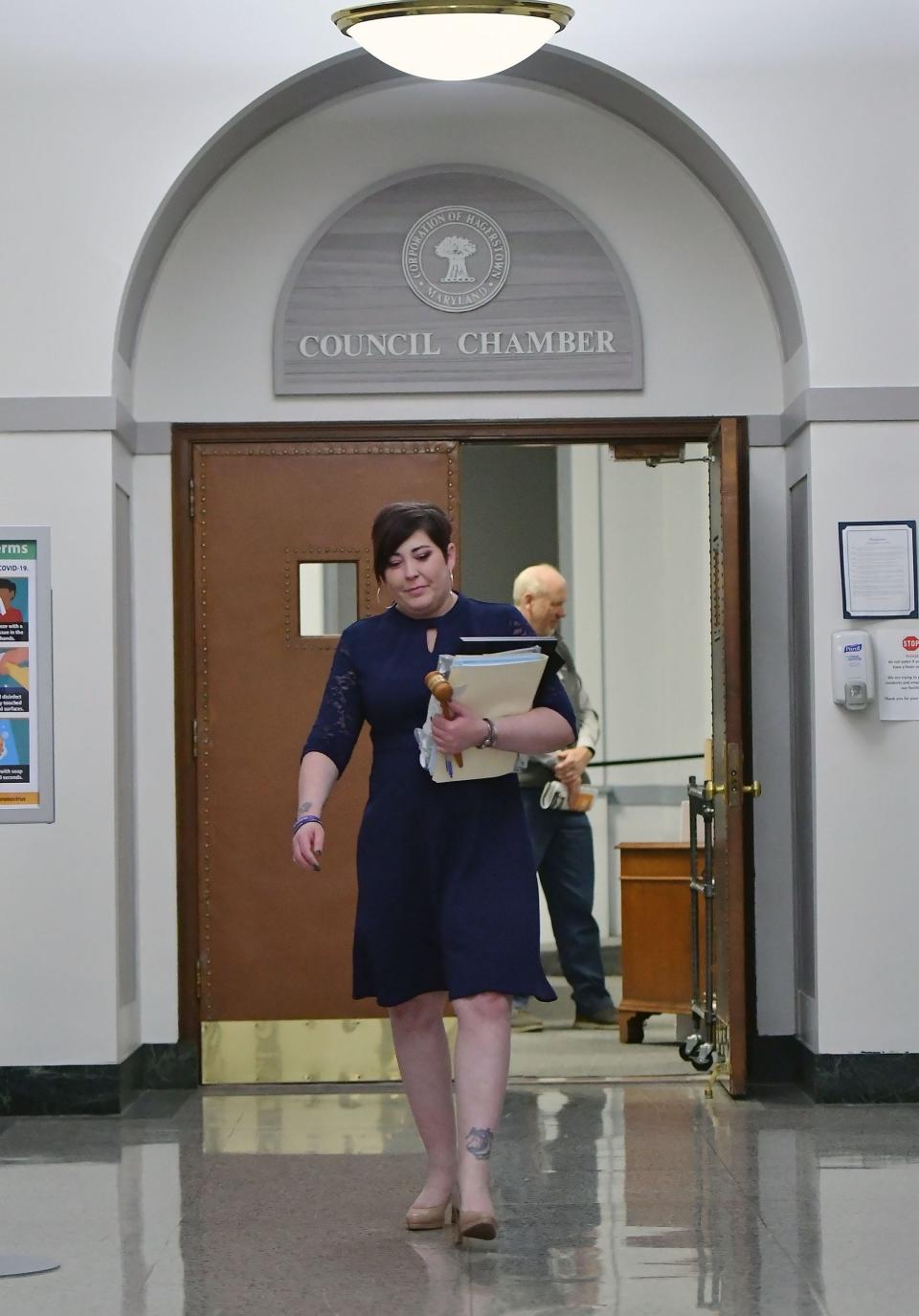 Hagerstown Mayor Emily Keller walks out of the council chambers after her last city council meeting was adjourned Tuesday evening at Hagerstown City Hall.
