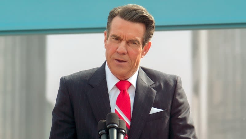 President Ronald Reagan, played by Dennis Quaid, gives a speech at Brandenburg Gate in the film "Reagan."