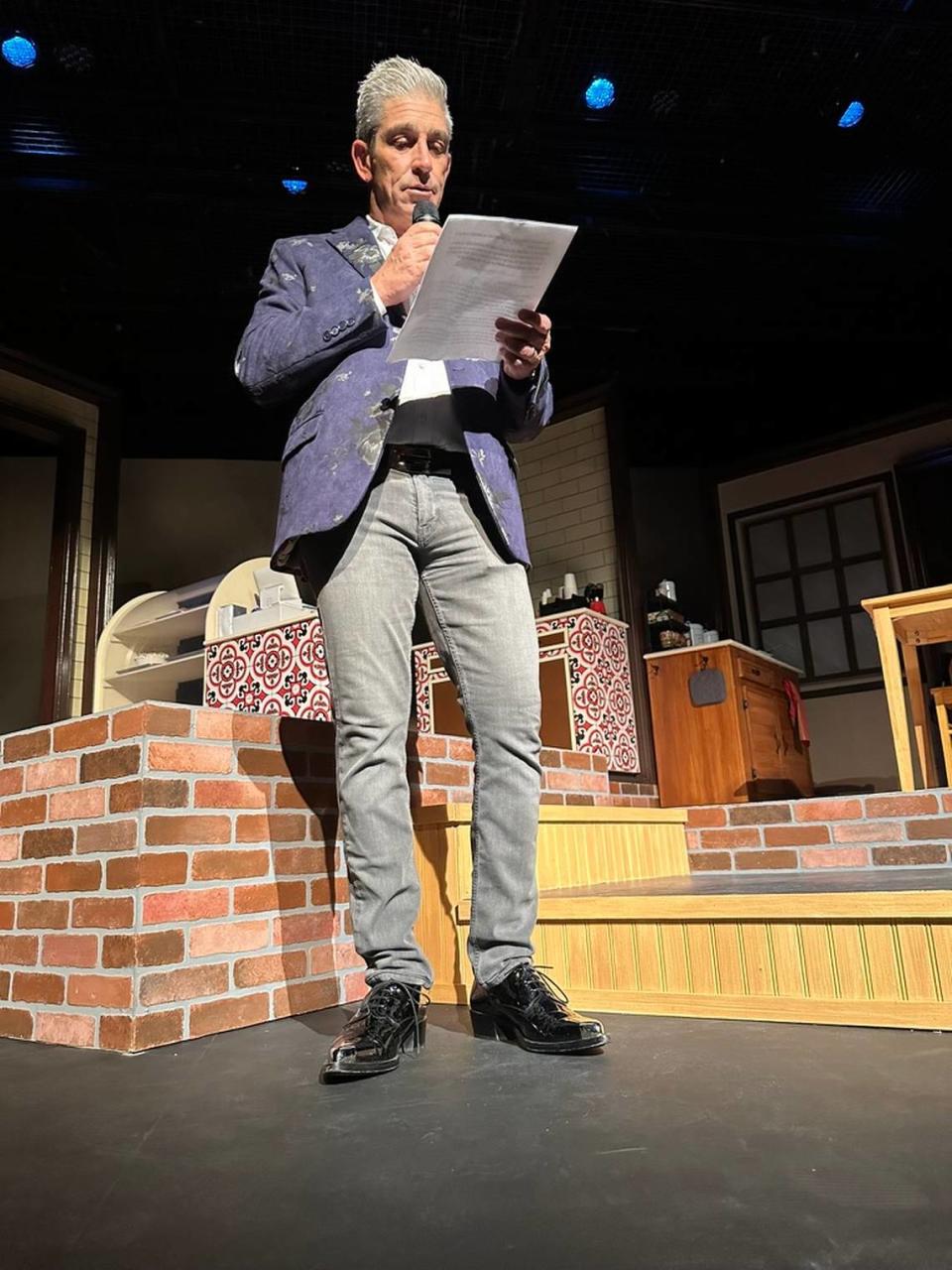 Playwright and poet laureate Richard Blanco reads a poem he wrotein tribute to the Miracle Theatre in Coral Gables on opening night of Actors’ Playhouse’s presentation of his Cuban-American play, “Sweet Goats and Blueberry Señoritas” on Nov. 10, 2023.