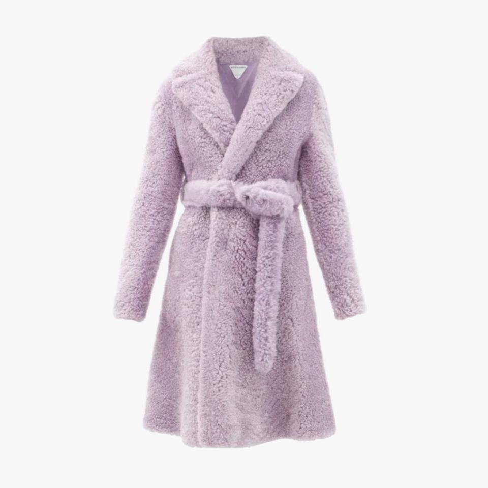 Bottega Veneta purple triangle-stiched belted shearling coat