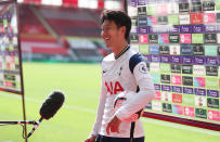 SOUTHAMPTON, ENGLAND - SEPTEMBER 20: Heung-Min Son of Tottenham Hotspur talks to the media with the match ball in hand having scored four goals during the Premier League match between Southampton and Tottenham Hotspur at St Mary's Stadium on September 20, 2020 in Southampton, England. (Photo by Tottenham Hotspur FC/Tottenham Hotspur FC via Getty Images)