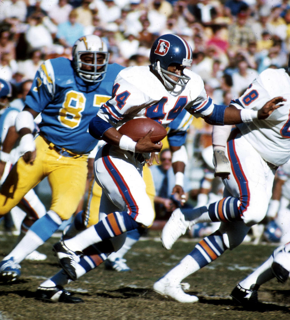 <p>Broncos legend and Pro Football Hall of Famer earned the nickname "The Franchise" as a star running back for nine seasons in Denver. He was also a College Football Hall of Famer for his prolific career at Syracuse, where he ran for 2,750 yards and 35 TDs.</p> 