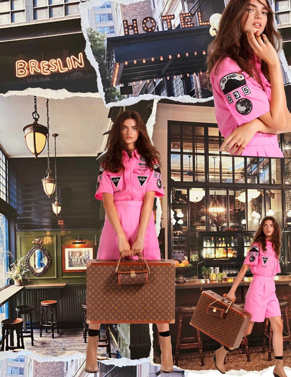 Model wearing a pink short flightsuit, superimposed over photos of the Ace Hotel New York