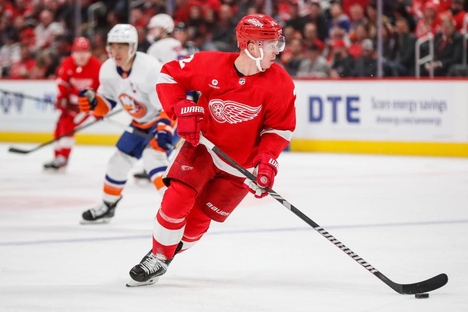 Red Wings defenseman Olli Maatta looks to pass against the Islanders during the second period of the Wings' 5-3 loss on Thursday, Feb. 29, 2024, at Little Caesars Arena.