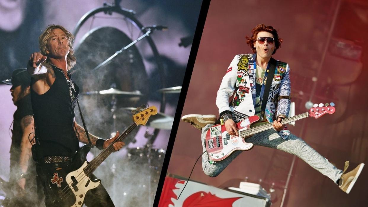  Duff McKagan of Hollywood Vampires perform onstage during The 58th GRAMMY Awards & Nicky Wire of Manic Street Preachers performs on Day 2 of the Glastonbury Festival at Worthy Farm on June 28, 2014 in Glastonbury, England. 