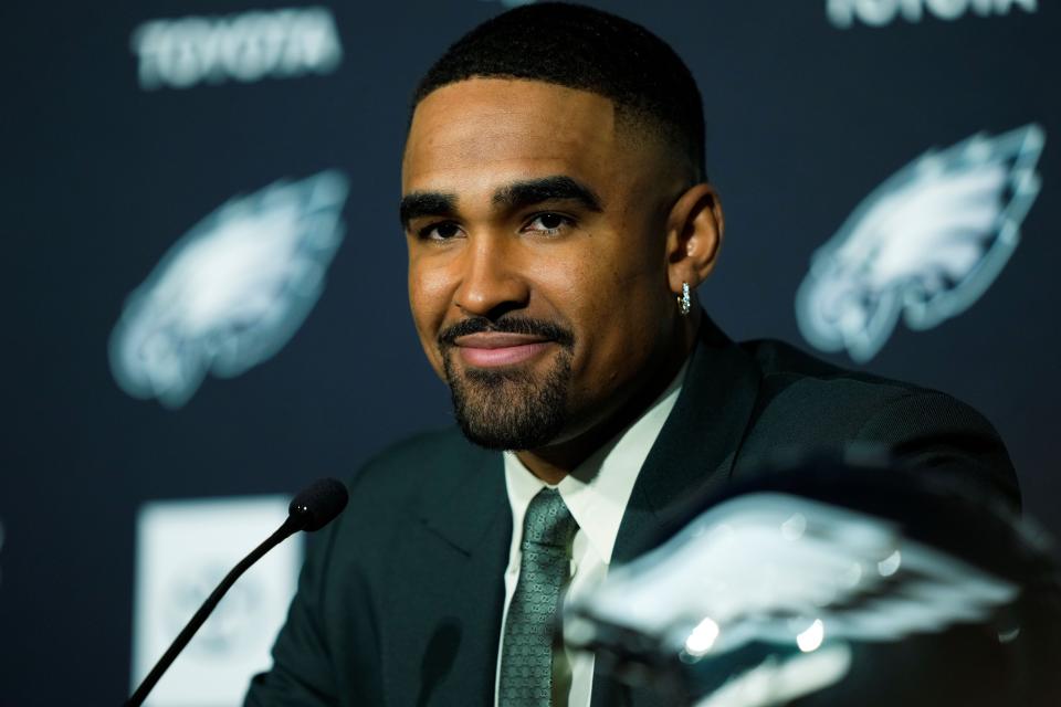 Philadelphia Eagles quarterback Jalen Hurts speaks with members of the media at the NFL football team's training facility in Philadelphia, Monday, April 24, 2023.