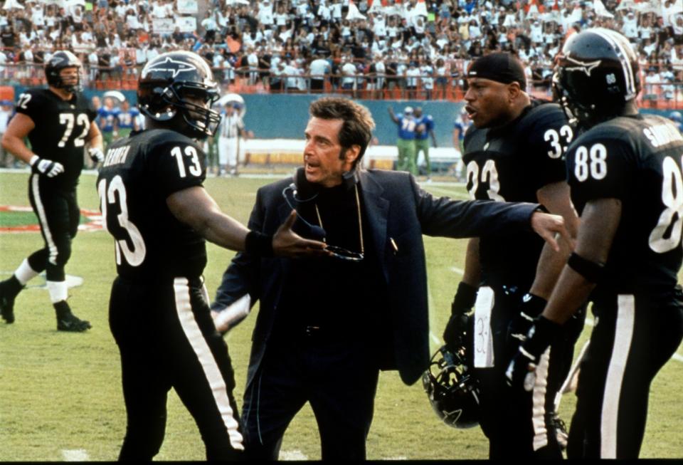 Al Pacino is a pro coach who tries to quell the tensions of bickering teammates (Jamie Foxx and LL Cool J) in "Any Given Sunday."