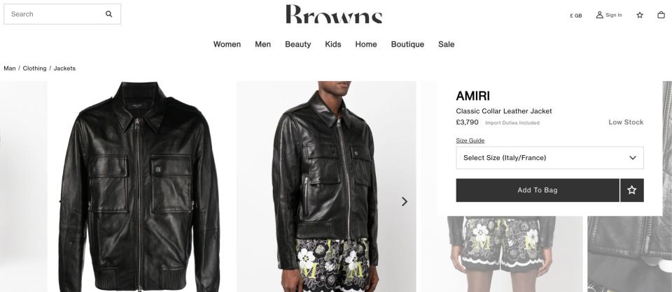 PHOTO / <a href="https://www.brownsfashion.com/uk/shopping/amiri-classic-collar-leather-jacket-18873069" rel="nofollow noopener" target="_blank" data-ylk="slk:BROWNSFASHION;elm:context_link;itc:0;sec:content-canvas" class="link ">BROWNSFASHION</a>