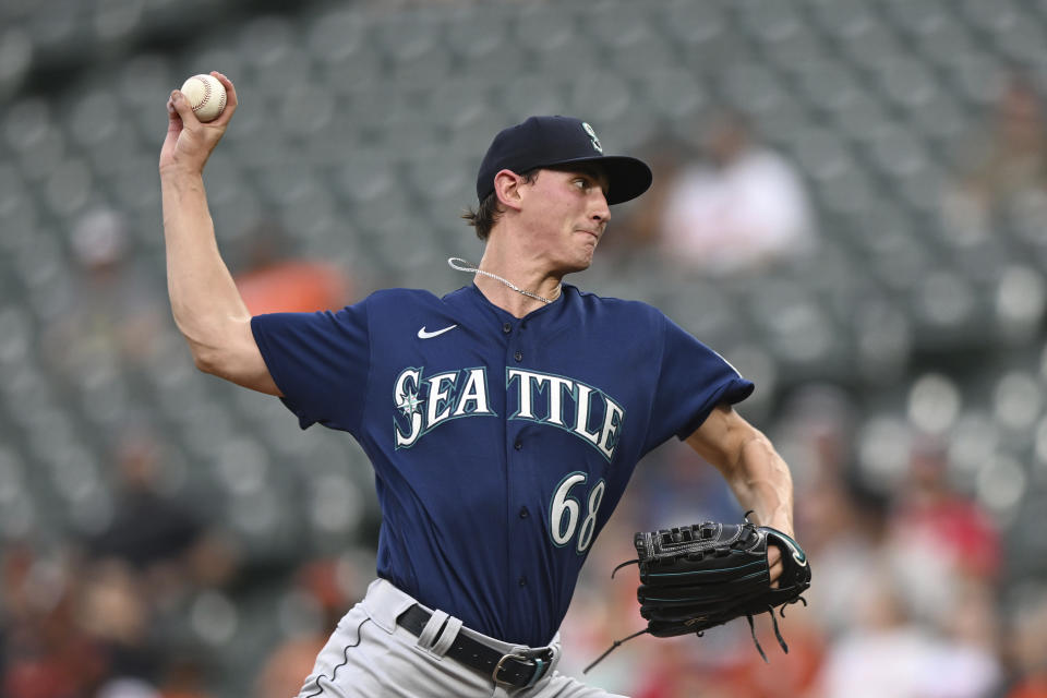 Seattle Mariners pitcher George Kirby throws against the Baltimore Orioles in the first inning of a baseball game Tuesday, May 31, 2022, in Baltimore. (AP Photo/Gail Burton)