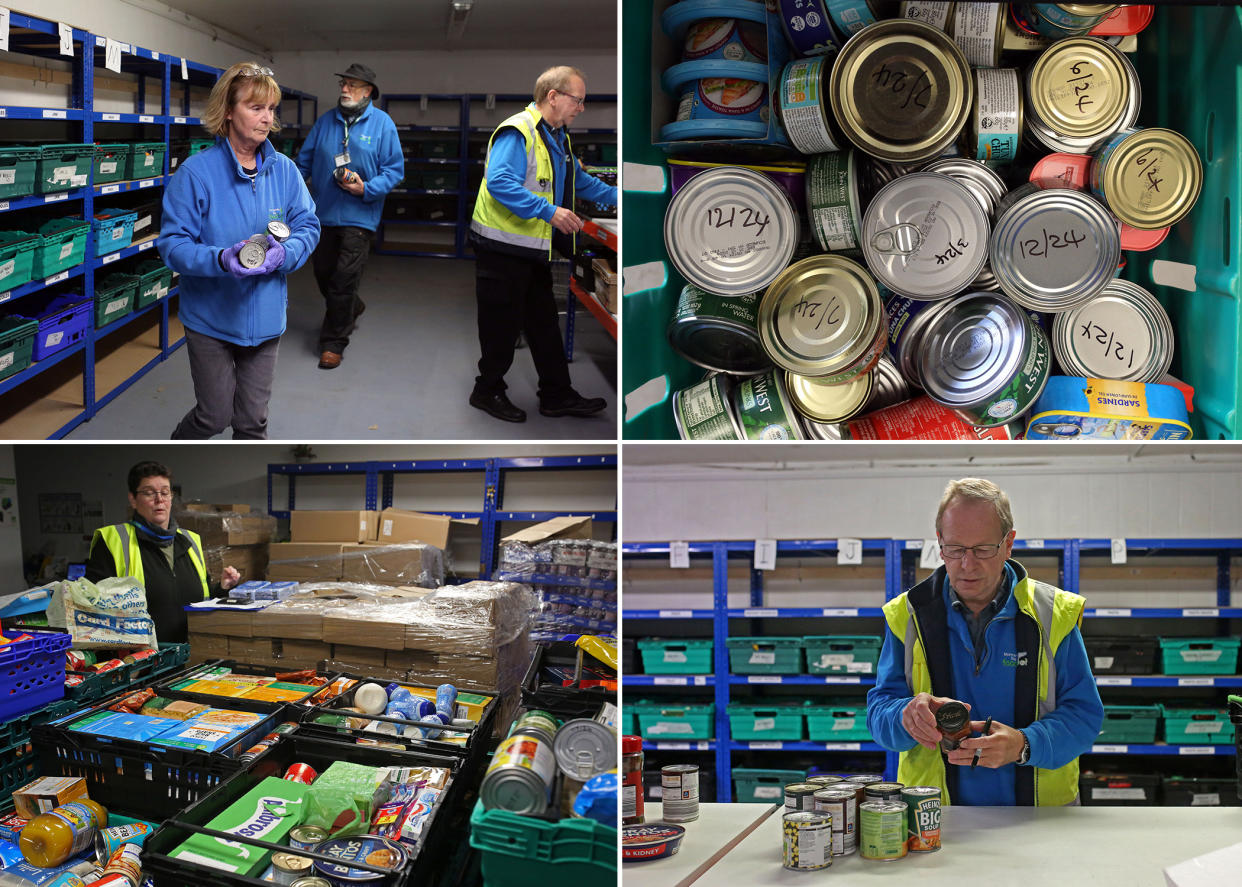 Volunteers at the Morecambe Bay Foodbank pack food donations ready for distribution.  (Susannah Ireland for NBC News)