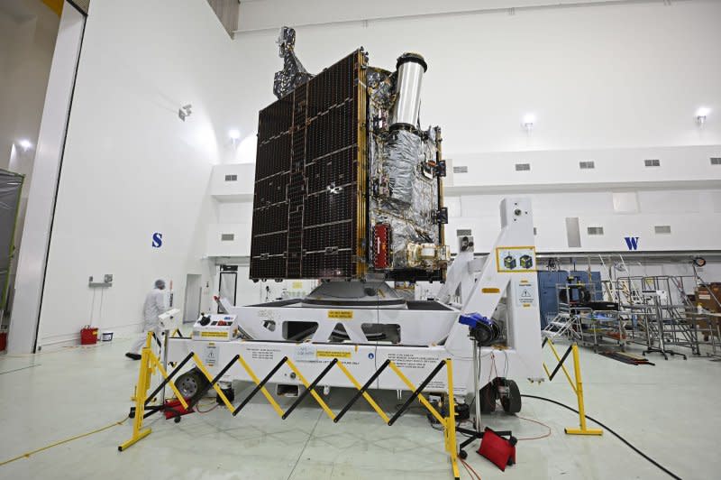 The NASA Psyche satellite sits at the Astrotech facility just outside the Kennedy Space Center, Florida on Friday, August 11, 2023. The spacecraft is being prepared for launch in early October. The satellite will fly on a six-year journey to explore the "metal rich" asteroid of the same name. Photo by Joe Marino/UPI