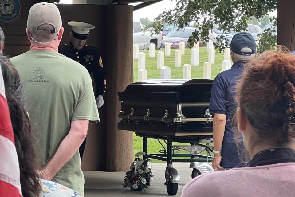 Dozens of people attended the funeral of local Marine veteran James Brooks at the Dayton National Cemetery Thursday. Brooks died at the Dayton VA recently, but had no known family members. (Xavier Hershovitz/Staff)