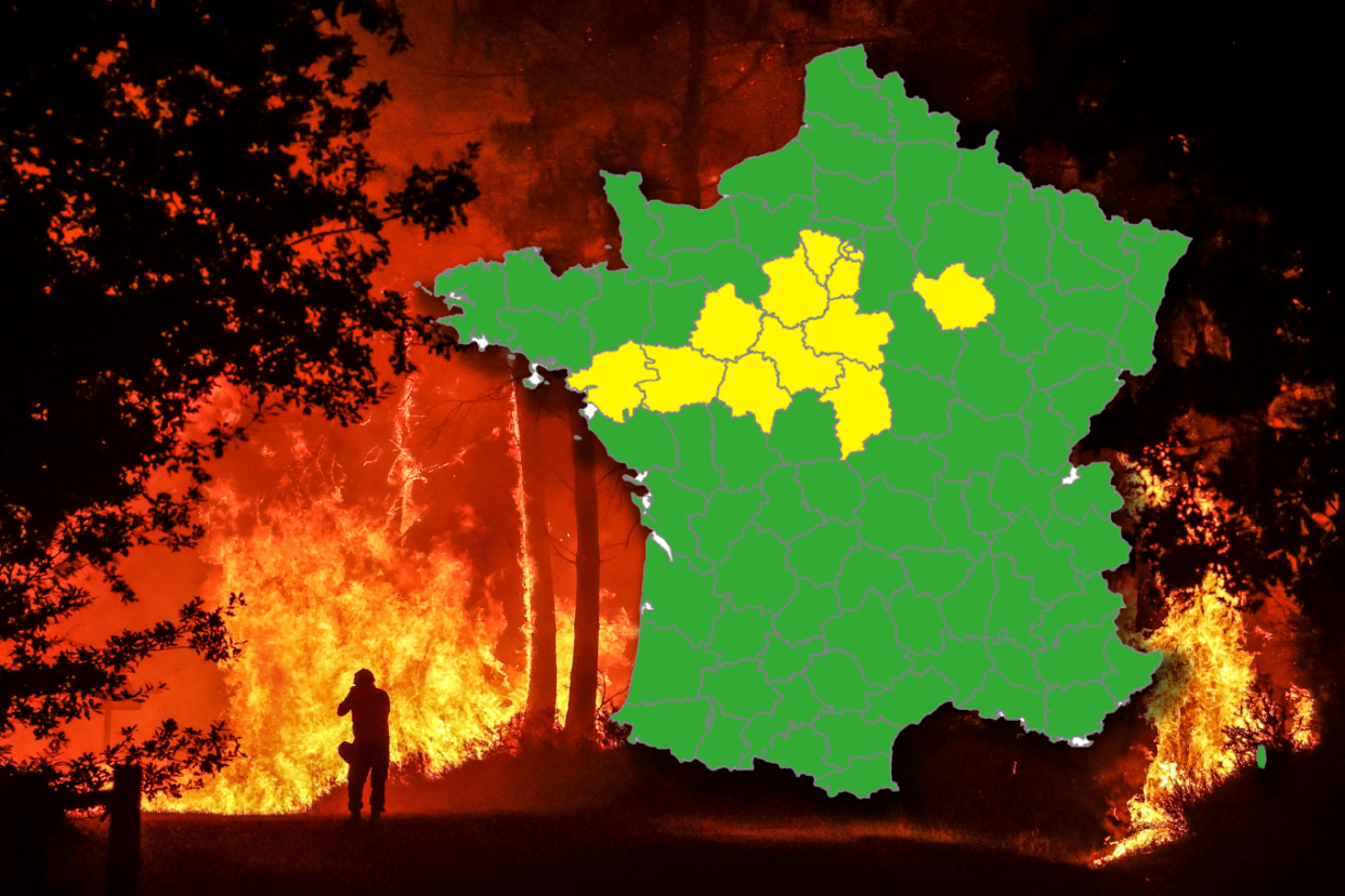 Un feu de forêt près de Belin-Beliet, dans le sud-ouest de la France, dans la nuit du 11 août 2022. Carte de la Météo des forêts du 2 juin. 