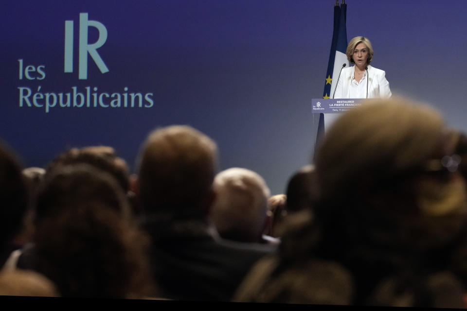 Valerie Pecresse, candidate for the French presidential election 2022, delivers a speech during a meeting in Paris, France, Saturday, Dec. 11, 2021. The first round of the 2022 French presidential election will be held on April 10, 2022 and the second round on April 24, 2022. (AP Photo/Christophe Ena)