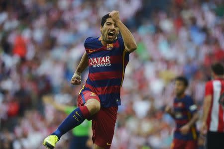 Barcelona's Luis Suarez celebrates a goal during their Spanish first division soccer match against Athletic Bilbao at San Mames stadium in Bilbao, northern Spain, August 23, 2015. REUTERS/Vincent West