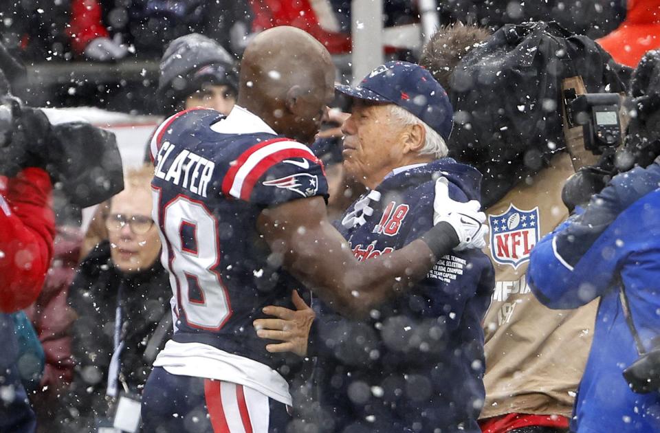 FOXBOROUGH, MASSACHUSETTS - JANUARY 07: Matthew Slater #18 of the New England Patriots and CEO of the New England Patriots Robert Kraft speak before the game at Gillette Stadium on January 07, 2024 in Foxborough, Massachusetts. (Photo by Winslow Townson/Getty Images)