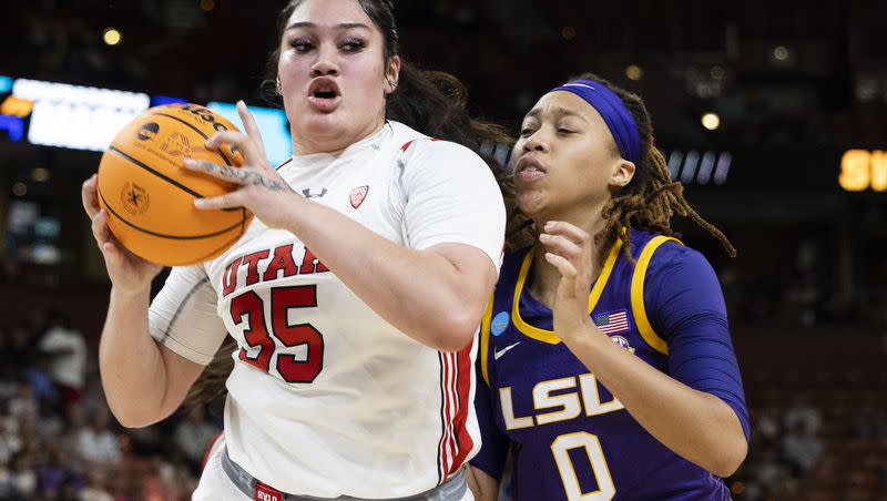 Utah’s Alissa Pili fights for control of the basketball with LSU’s LaDazhia Williams during an NCAA Sweet 16 game in Greenville, S.C., Friday, March 24, 2023. The Utes lost a heartbreaker to the eventual NCAA champs, but could make another deep run in the tourney next year with all their starters returning.