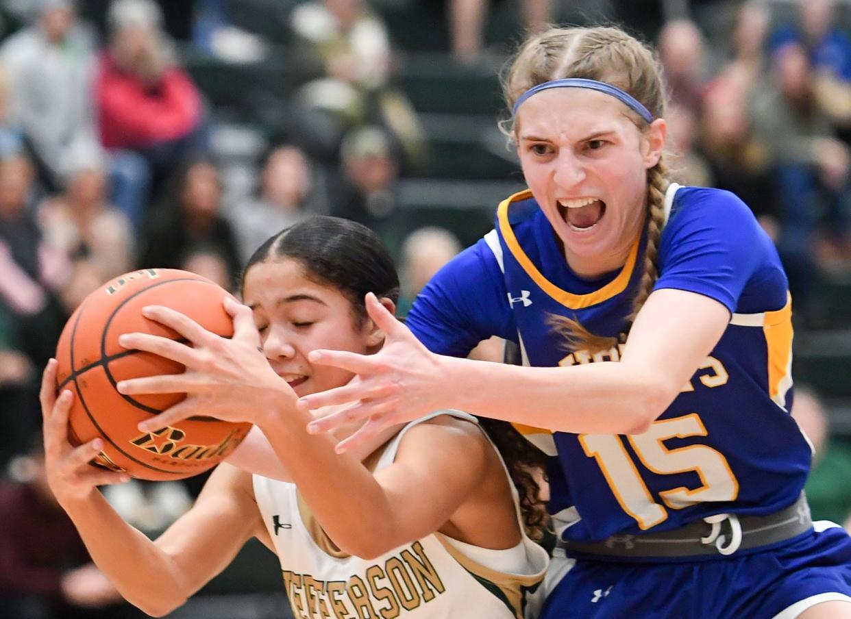 O’Gorman’s Mahli Abdouch fights to grab the ball from Jefferson’s Aliyah McGovern-Harrington in a girls basketball game on Thursday, February 16, 2023, at Jefferson High School in Sioux Falls.