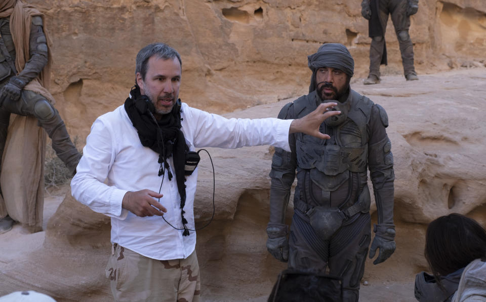 (L-r) Director DENIS VILLENEUVE and JAVIER BARDEM on the set of Warner Bros. Pictures and Legendary Pictures’ action adventure “DUNE,” a Warner Bros. Pictures release.
(Courtesy of Warner Bros Pictures)