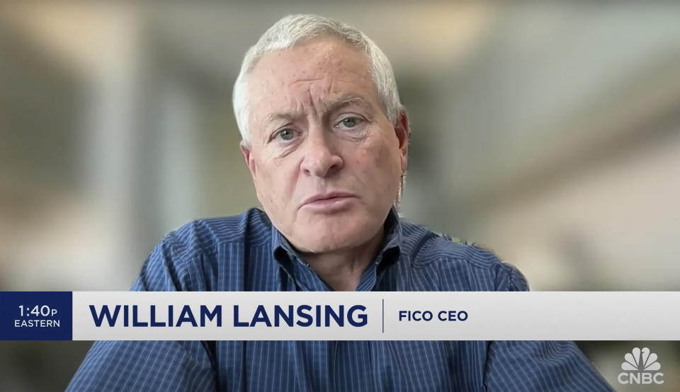 In this screenshot taken from video, William Lansing, the CEO of FICO, is interviewed on CNBC. Lansing was among the highest paid CEO's in 2023 according to an Associated Press survey. (CNBC via AP)