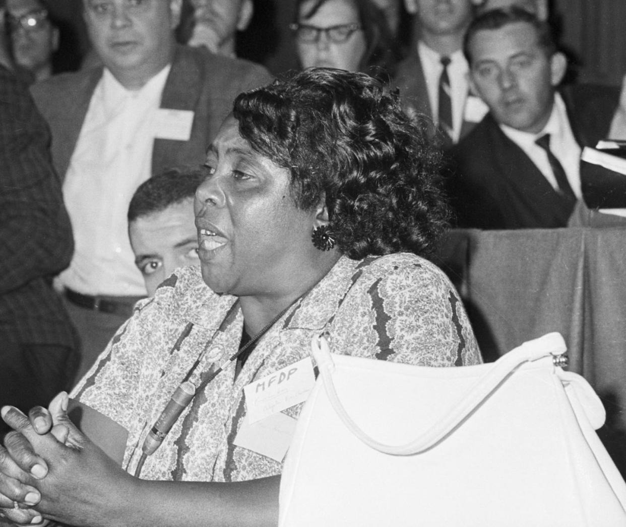 Fanny Lou Hamer speaks out against Mississippi's racist voting laws on Aug. 8, 1964. <a href="https://www.gettyimages.com/detail/news-photo/atlantic-city-nj-mississippi-freedom-democratic-party-news-photo/515450184?adppopup=true" rel="nofollow noopener" target="_blank" data-ylk="slk:Bettmann/Getty Images;elm:context_link;itc:0;sec:content-canvas" class="link ">Bettmann/Getty Images</a>