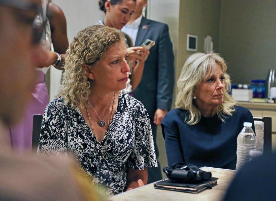 Miami Herald file art: U.S. Rep. Debbie Wasserman Schultz, D-Weston, seen with First Lady Dr. Jill Biden on July 1, 2021, in Bal Harbour. Wasserman Schultz has been vocally supportive of Israel.