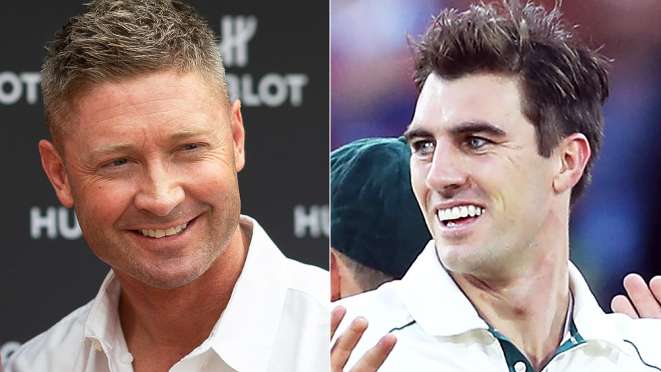 Michael Clarke and Pat Cummins are pictured in a 50/50 split image.