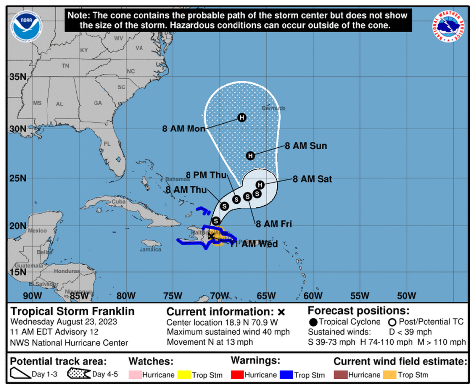 La tormenta Franklin podría “estar cerca o con fuerza de huracán” cuando llegue al Atlántico, pronosticó el Centro Nacional de Huracanes.